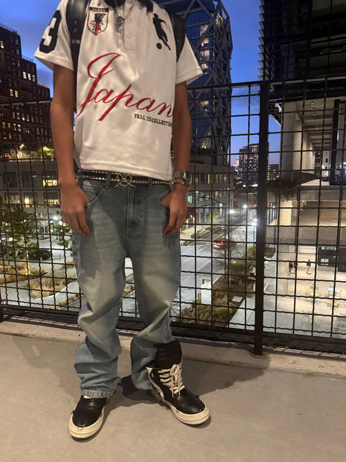 script etched denim